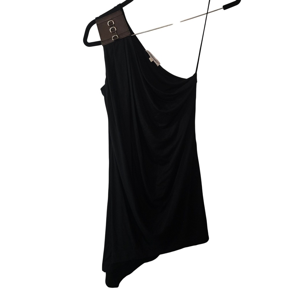 Kaufmanfranco Black Draped One Shoulder Asymmetrical Top Leather Buckle Tab XS‎